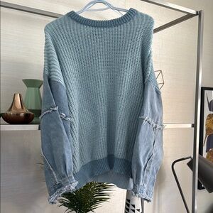 Blue Knit Sweater with Denim Sleeves